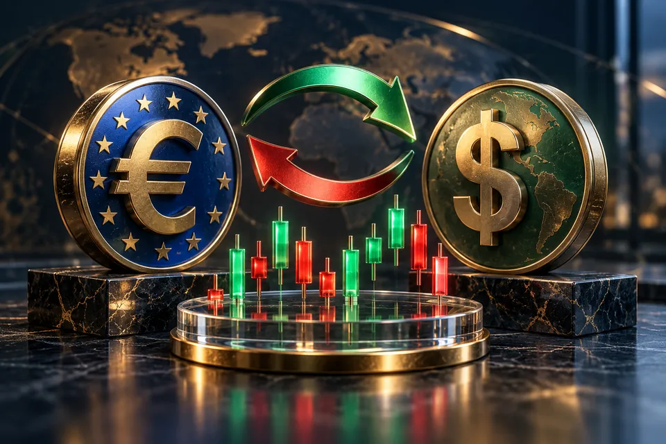 Symbol euro i dolara z dwiema strzałkami wymiany oraz czerwono-zielonymi świecami.